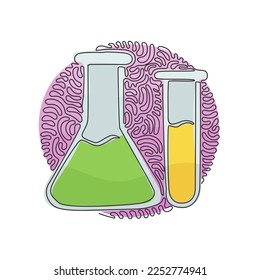 Continuous one line drawing chemistry laboratory glassware. Graduated lab tube, beaker, flask. Equipment for chemical test. Swirl curl circle background style. Single line draw design vector graphic