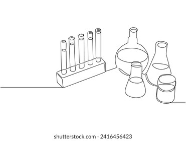 Continuous one line drawing of chemistry laboratory equipment. Test tube and erlenmeyer flasks for lab experiment.