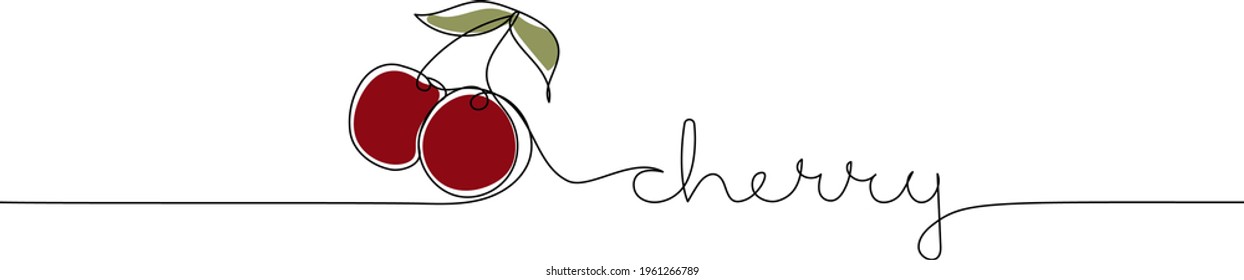 Continuous one line drawing of cherries with text Cherry. Modern minimalist art.