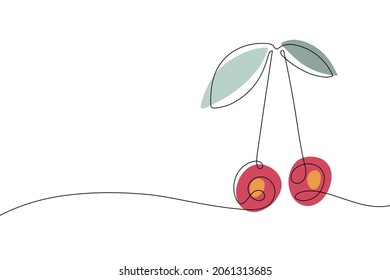 Continuous one line drawing cherry berries with leaves and seeds. Abstract hand drawn fruit by one line. Organic simple icon with red and green spots on white. Fashionable trend vector illustration