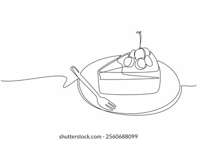 Continuous one line drawing cherry cheesecake cut on a small round plate. Cherry topping adds freshness. Delicious. Tasty. National Cherry Cheesecake Day. Single line draw design vector illustration