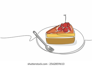 Continuous one line drawing cherry cheesecake cut on a small round plate. Cherry topping adds freshness. Delicious. Tasty. National Cherry Cheesecake Day. Single line draw design vector illustration