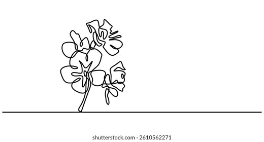 Continuous one line drawing of cherry blossom. Simple flower blossom line art vector illustration, Hand drawn cherry blossom. Sakura branch with flower one continuous line art. Blooming Apple tree pro