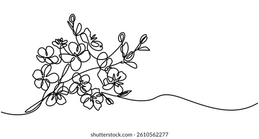 Continuous one line drawing of cherry blossom. Simple flower blossom line art vector illustration, Hand drawn cherry blossom. Sakura branch with flower one continuous line art. Blooming Apple tree pro