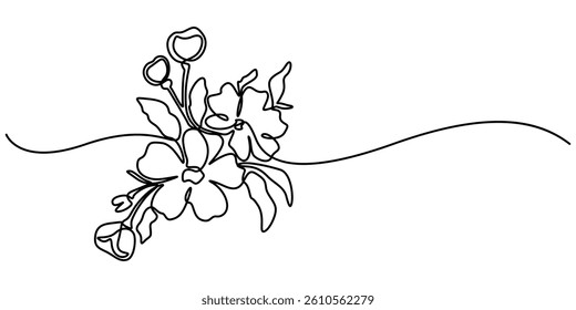Continuous one line drawing of cherry blossom. Simple flower blossom line art vector illustration, Hand drawn cherry blossom. Sakura branch with flower one continuous line art. Blooming Apple tree pro