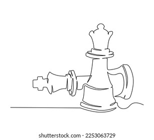 Continuous one line drawing of chess queen and king. queen hit the king chess line art vector illustration.