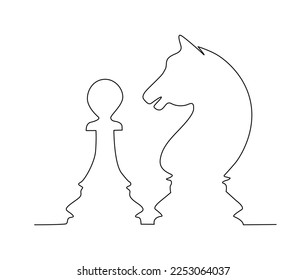 Continuous one line drawing of chess knight and pawn. Simple chess pawn and horse line art vector illustration.