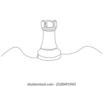 Continuous one line drawing of chess rook. One line drawing illustration of international chess day. Chess game, strategy, competition concept line art. Editable outline