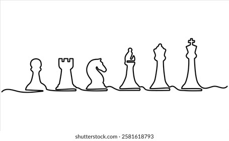 Continuous one line drawing of chess pieces. Strategic planning, business development strategy, tactics in entrepreneurship. pawn, knight, king, queen, rook, bishop. simple chess pieces line art 

