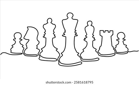 Continuous one line drawing of chess pieces. Strategic planning, business development strategy, tactics in entrepreneurship. pawn, knight, king, queen, rook, bishop. simple chess pieces line art 

