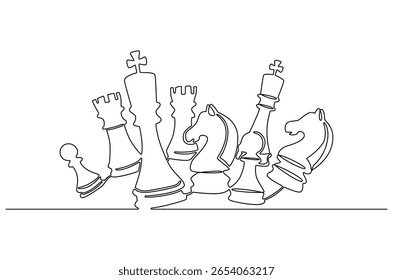 Continuous one line drawing of Chess Day celebrates. Single line drawing illustration of Game of strategy and intellect. International chess day concept vector art. Doodle line illustration.