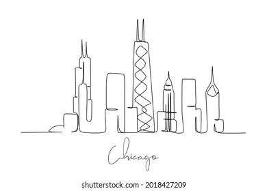 Continuous one line drawing of Chicago city skyline vector illustration. Hand drawn style modern design for wall decoration or promotion media 