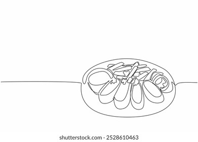 Continua una línea dibujando cordón de pollo azul cortado en trozos servidos en un Grande plato gris. Se come con salsa de chile. Día Nacional del Cordón de Pollo Azul. Ilustración vectorial de diseño de dibujo de línea única