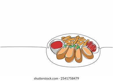 Continua una línea dibujando cordón de pollo azul cortado en trozos servidos en un Grande plato gris. Se come con salsa de chile. Día Nacional del Cordón de Pollo Azul. Ilustración vectorial de diseño de dibujo de línea única