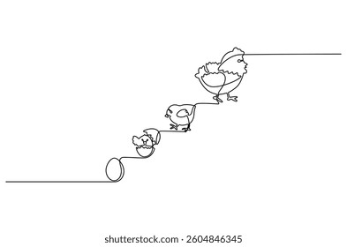 Continuous one line drawing of Chicken life cycle. Single line drawing illustration of Chicken Growth from egg. Chicken concept vector art. Doodle line illustration.