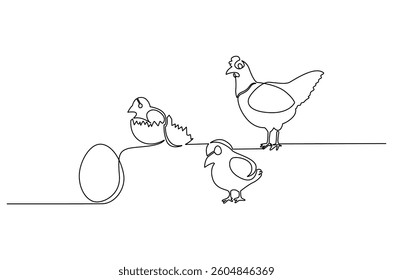 Continuous one line drawing of Chicken life cycle. Single line drawing illustration of Chicken Growth from egg. Chicken concept vector art. Doodle line illustration.