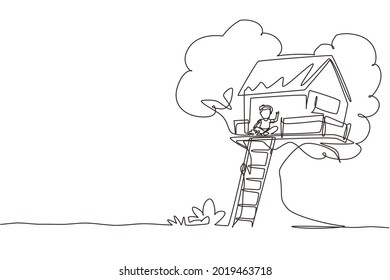 Continuous one line drawing child on tree house, little boy playing on children playground, treehouse with wooden ladder, place for kids games on summer. Single line design vector graphic illustration