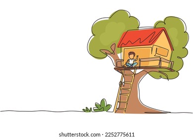 Continuous one line drawing child on tree house, little boy playing on children playground, treehouse with wooden ladder, place for kids games on summer. Single line design vector graphic illustration