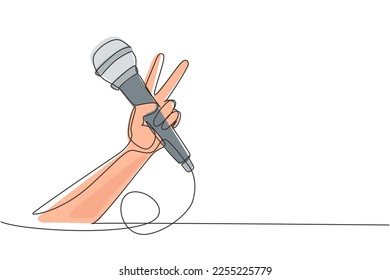 Continuous one line drawing child holding microphone on white background, closeup of hand. Mic with victory gesture. Karaoke kid sings song to microphone. Single line draw design vector illustration