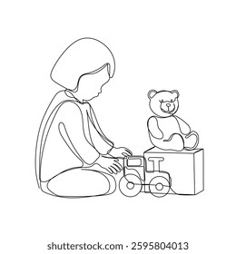 Continuous one line drawing of a child playing with toys. Vector illustration