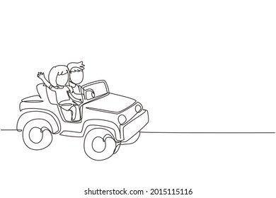 Continuous one line drawing children driving toy car with a little boy and girl smiling, having fun while driving toy car. Kids trip in small car. Single line draw design vector graphic illustration