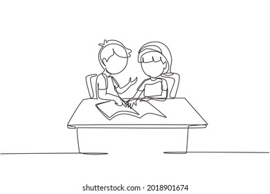 Continuous one line drawing children pupils studying together while boy explains to girl pointing at their notebook. Kids makes homework from school. Single line design vector graphic illustration