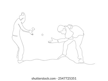 Continuous one line drawing of Children at snowball fight on winter holidays. Kids having fun, making, sculpting and throwing snow balls, playing wintertime game. Hand made vector not AI. 