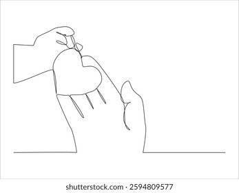 Continuous One line drawing of children giving love heart shaped to mother or father. Mom and dad loving care parenting concept.