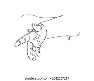 Dibujo continuo de una línea de niños con un icono crucifijo en silueta sobre un fondo blanco. Linear estilizado.