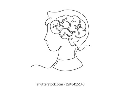 Una línea continua dibujando la cabeza del niño con un cerebro. El concepto de anatomía de las partes corporales de los niños. Ilustración gráfica vectorial de diseño de líneas simples.