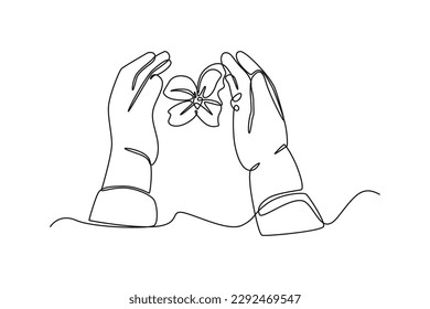 Continuous one line drawing Child's hand protects flower from insects  World environment day concept  Single line draw design vector graphic illustration 