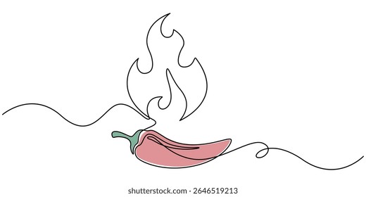 Continuous one line drawing of a chili pepper, depicting spice and heat, line art style vector illustration, Continuous one line drawing of a chili pepper, depicting spice and heat, line art style.