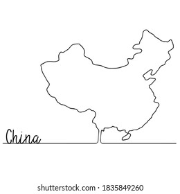 Continuous One Line Drawing Of China Map On White Background, Vector Illustration