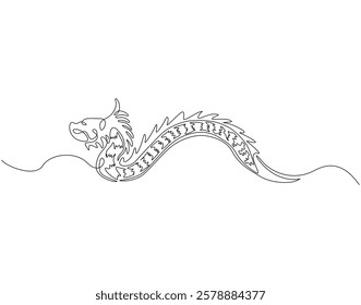 Continuous one line drawing of chinese dragon. One line drawing illustration of dragon mythology monster. Appreciate dragon day, chinese year concept single line. Editable outline