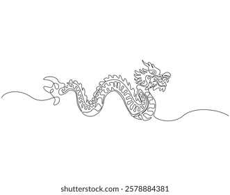 Continuous one line drawing of chinese dragon. One line drawing illustration of dragon mythology monster. Appreciate dragon day, chinese year concept single line. Editable outline