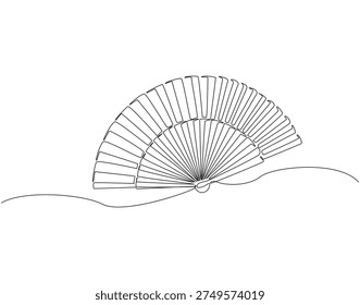 Continuous one line drawing of chinese folding fan. One line drawing illustration of hand fan. Traditional chinese souvenir concept single line. Editable outline