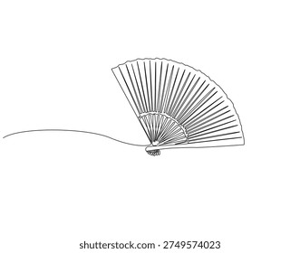 Continuous one line drawing of chinese folding fan. One line drawing illustration of hand fan. Traditional chinese souvenir concept single line. Editable outline