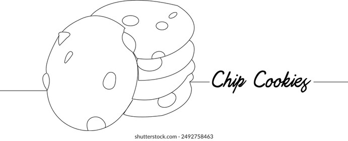 Continuous one line drawing of chip cookies. Dessert concept. Single line draw design vector graphic illustration.
