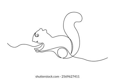 Continuous one line drawing of chipmunk. Squirrel single line art vector illustration.Squirrel Continuous Line Drawing. Cute Squirrel Abstract Linear Drawing. 