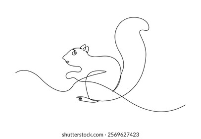 Continuous one line drawing of chipmunk. Squirrel single line art vector illustration.Squirrel Continuous Line Drawing. Cute Squirrel Abstract Linear Drawing. 