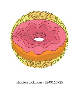 Continuous one line drawing chocolate glazed ring donut. Sweet doughnut. Appetizing fresh food for breakfast. Swirl curl circle background style. Single line draw design vector graphic illustration