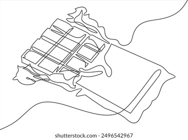 Dibujo continuo de una línea de barra de chocolate en silueta sobre un fondo blanco. Lineal estilizado. Minimalista.