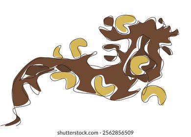 Continuous one line drawing chocolate splash with some cashew in it. Creative advertising media. Appetizing. Tasty. National Chocolate Covered Cashews Day. Single line draw design vector illustration