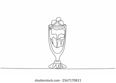 Continuous one line drawing chocolate parfait in a glass with various layers. Fresh summer drink. Sweet and delicious. National Chocolate Parfait Day. Single line draw design vector illustration