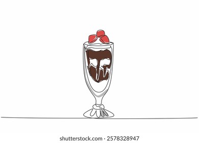 Continuous one line drawing chocolate parfait in a glass with various layers. Fresh summer drink. Sweet and delicious. National Chocolate Parfait Day. Single line draw design vector illustration