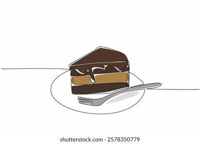 Continuous one line drawing chocolate layer cake covered in chocolate on small plate with small fork. Favorite of many ages. National Chocolate Custard Day. Single line draw design vector illustration