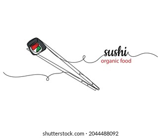 Continuous one line drawing of chopsticks hold sushi organic food in silhouette on a white background. Linear stylized.