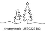 Continuous one line drawing of christmas tree and snowman in hat with scarf. Line vector illustration.