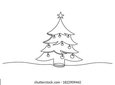 Continuous one line drawing of Christmas tree with decorations. New Year concept, fir tree made of one line in modern minimalist style for holiday cards. Vector illustration