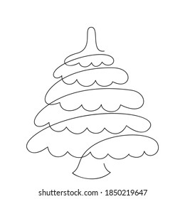 Continuous one line drawing of christmas tree, Black and white vector minimalist linear illustration made of single line, New Year concept